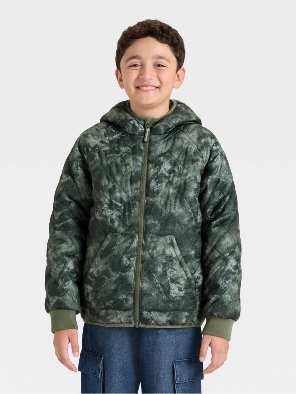 Boys' Denoeye Printed Hooded Reversible Puffer - Cat & Jack™ Olive Green S